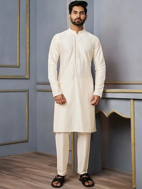 Beige & Green Mandarin Collar Kurta & Trousers With Nehru Jacket