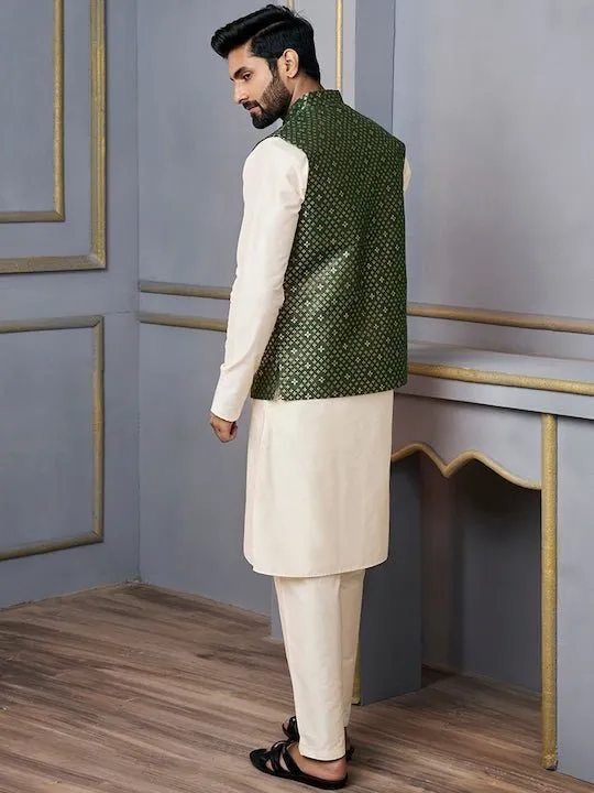 Beige & Green Mandarin Collar Kurta & Trousers With Nehru Jacket