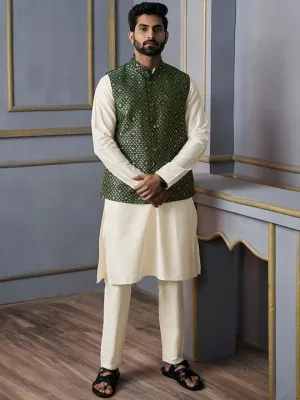 Beige & Green Mandarin Collar Kurta & Trousers With Nehru Jacket