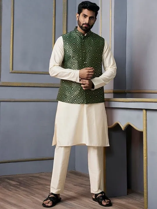 Beige & Green Mandarin Collar Kurta & Trousers With Nehru Jacket