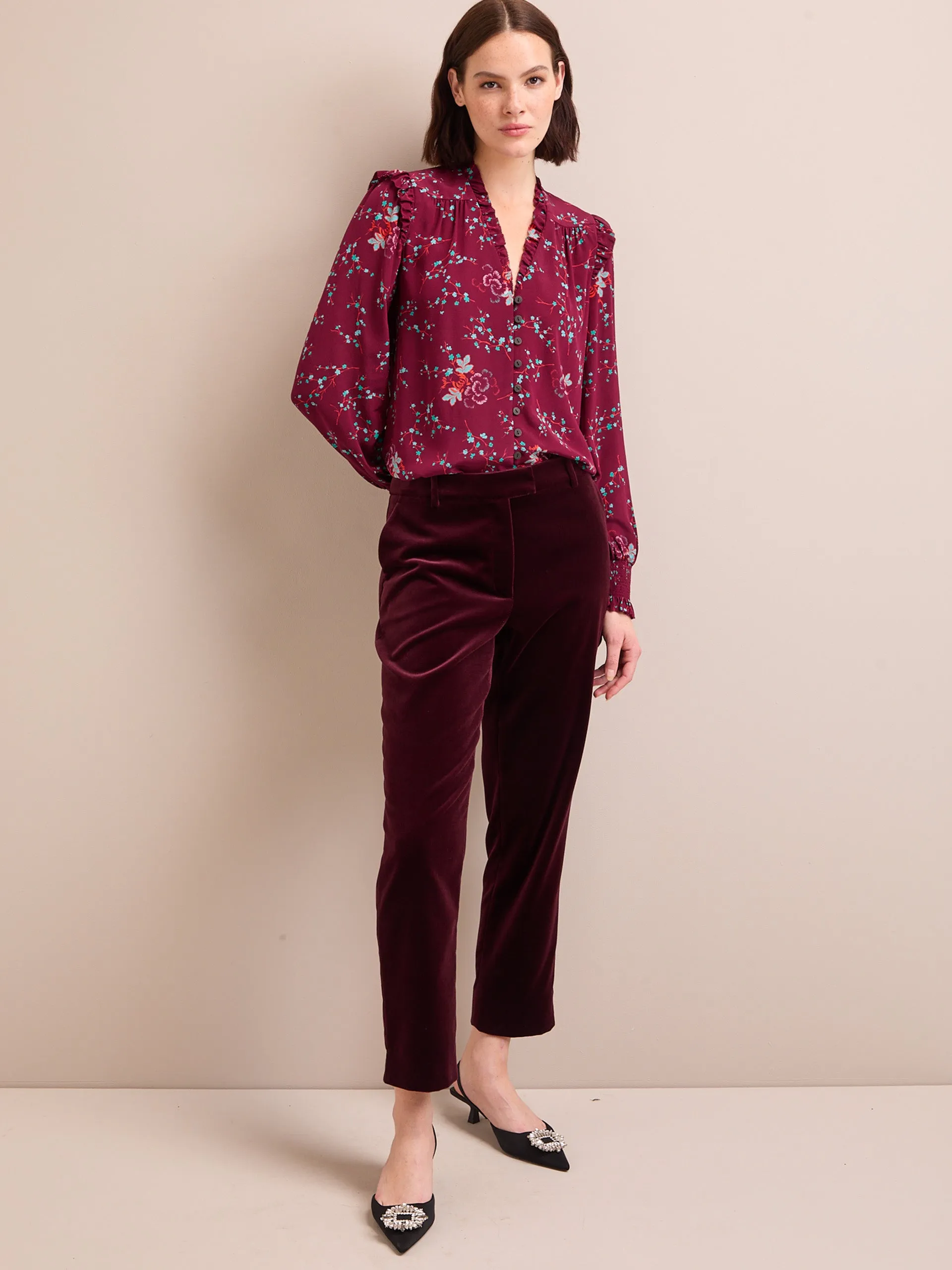 Burgundy lotus print Stella silk shirt