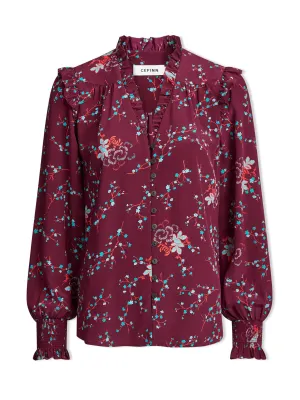 Burgundy lotus print Stella silk shirt