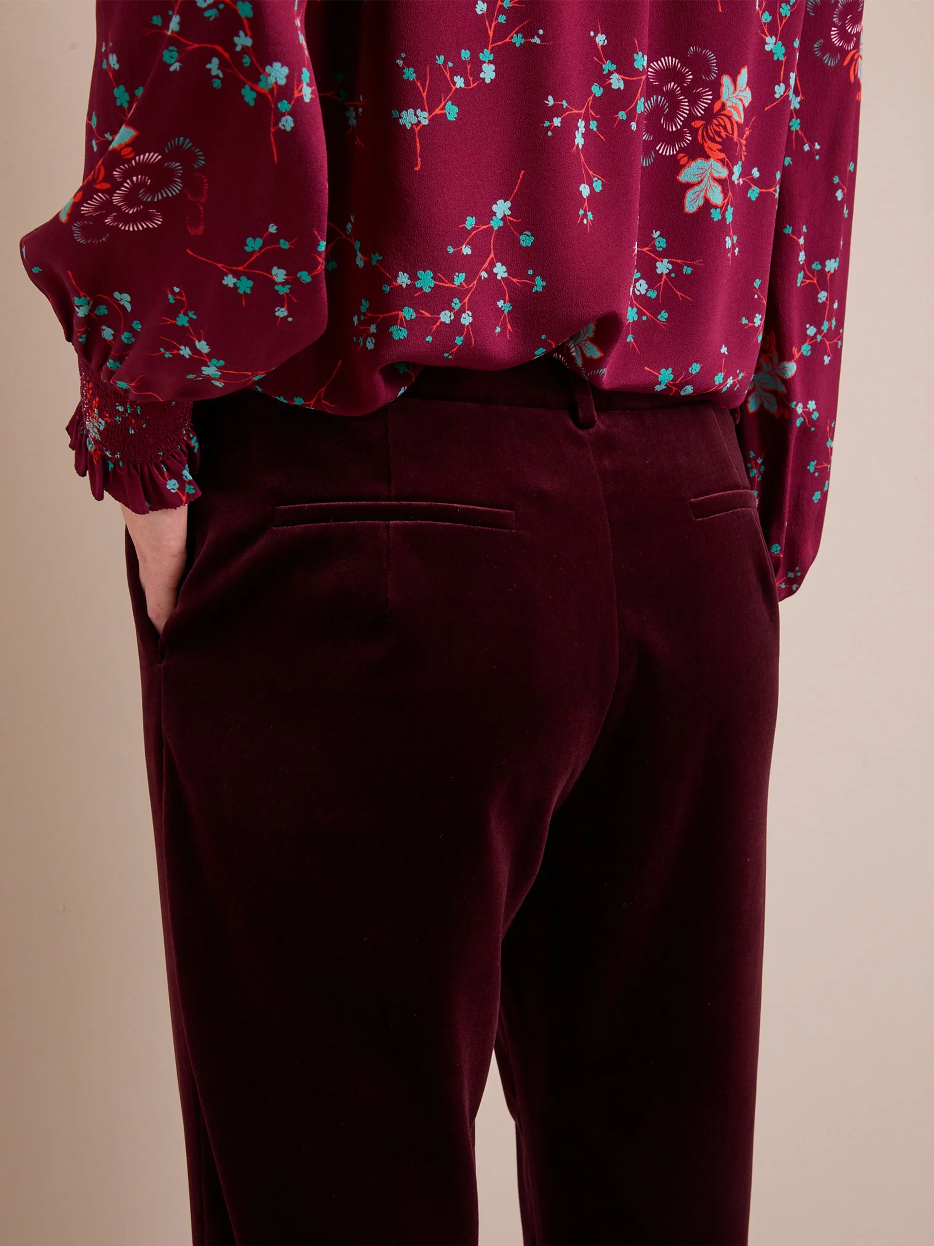 Burgundy lotus print Stella silk shirt