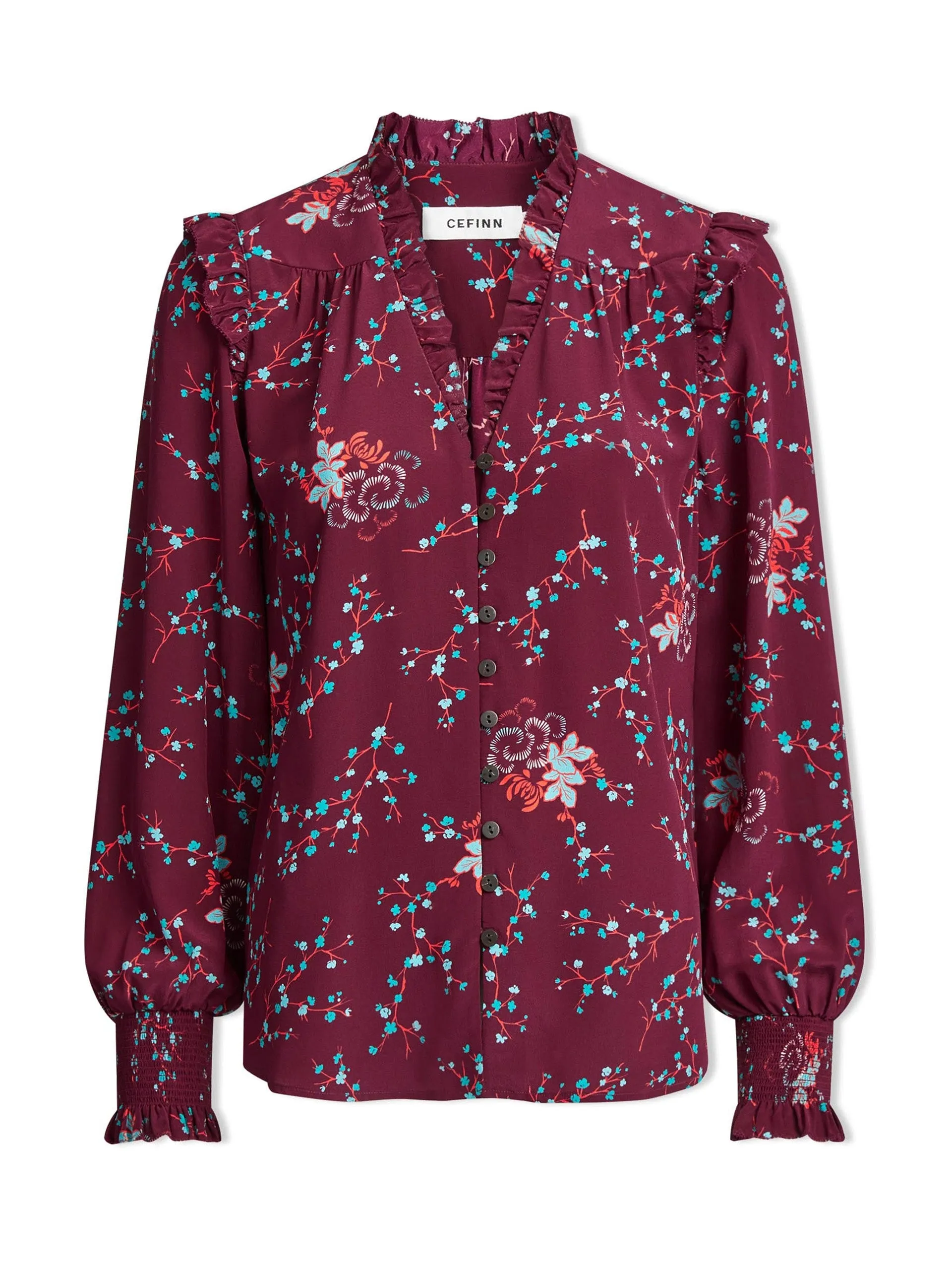 Burgundy lotus print Stella silk shirt