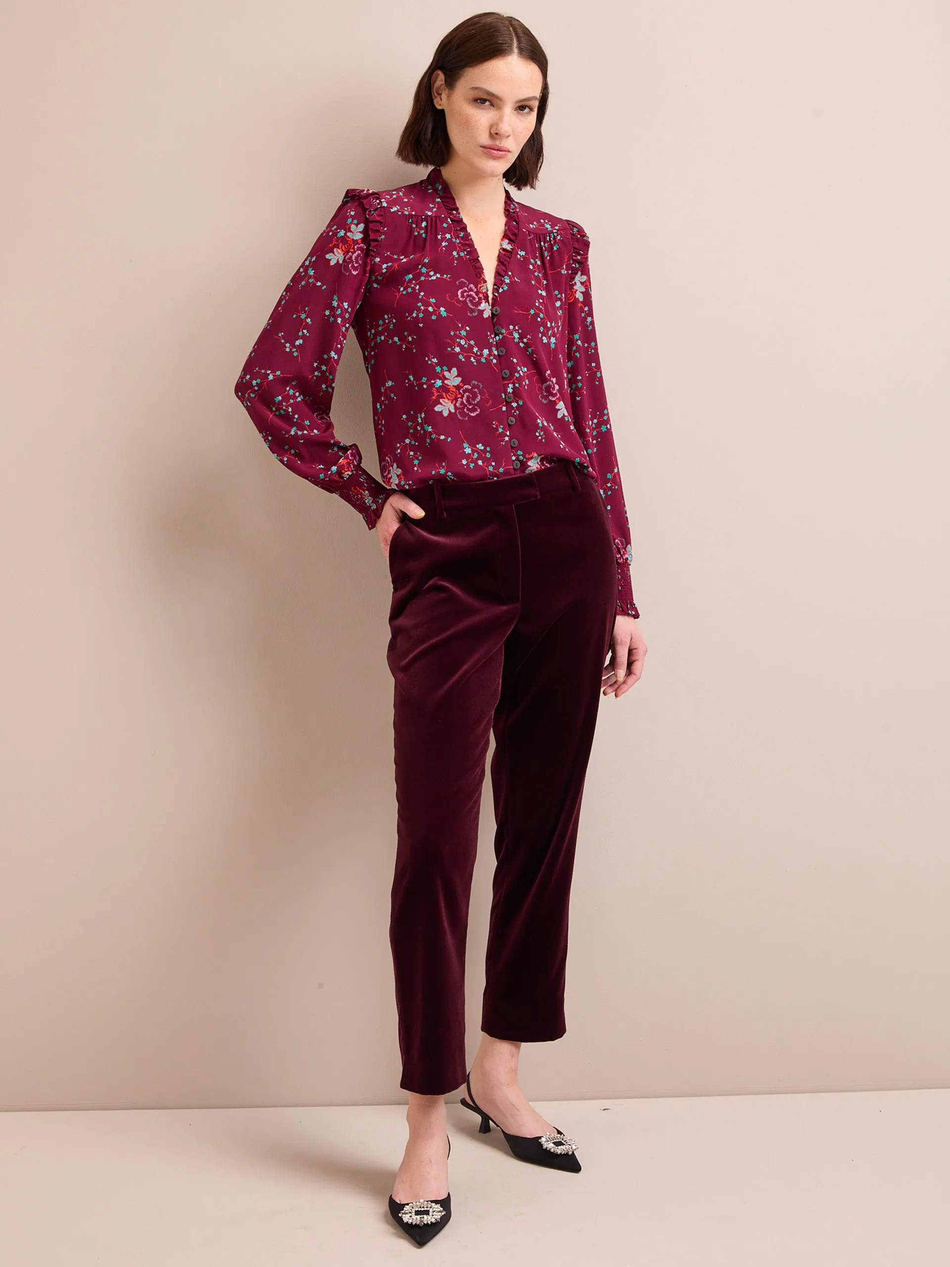 Burgundy lotus print Stella silk shirt