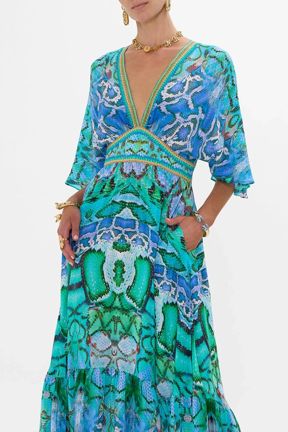 CAMILLA | LAND OF WONDER WAISTED DRESS WITH HEM RUFFLE