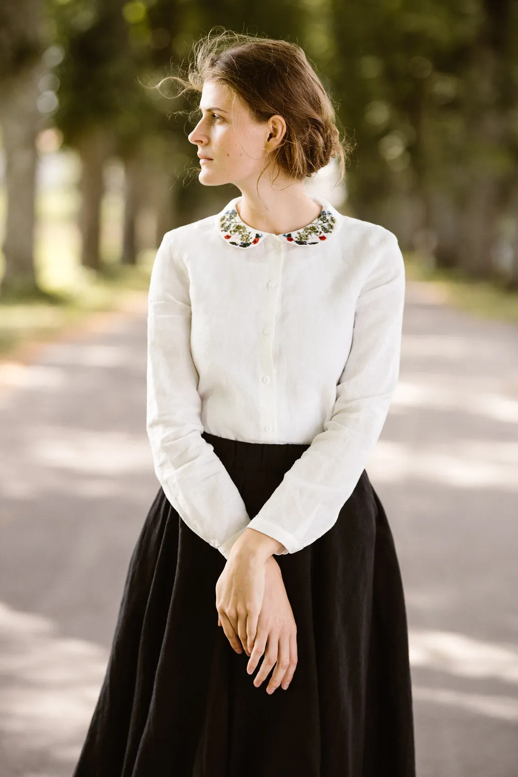 Classic Shirt with Embroidered Garden Collar, Long Sleeve