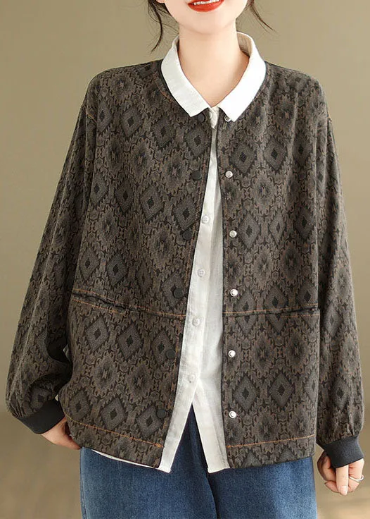 Coffee Pockets Print Denim Jackets O Neck Spring TJ002