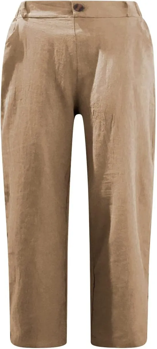 Cotton Linen Cropped Pants for Women Loose Casual Capris Breathable Lightweight Dress Pant Summer Straight Leg Trousers