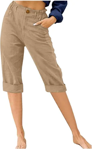 Cotton Linen Cropped Pants for Women Loose Casual Capris Breathable Lightweight Dress Pant Summer Straight Leg Trousers