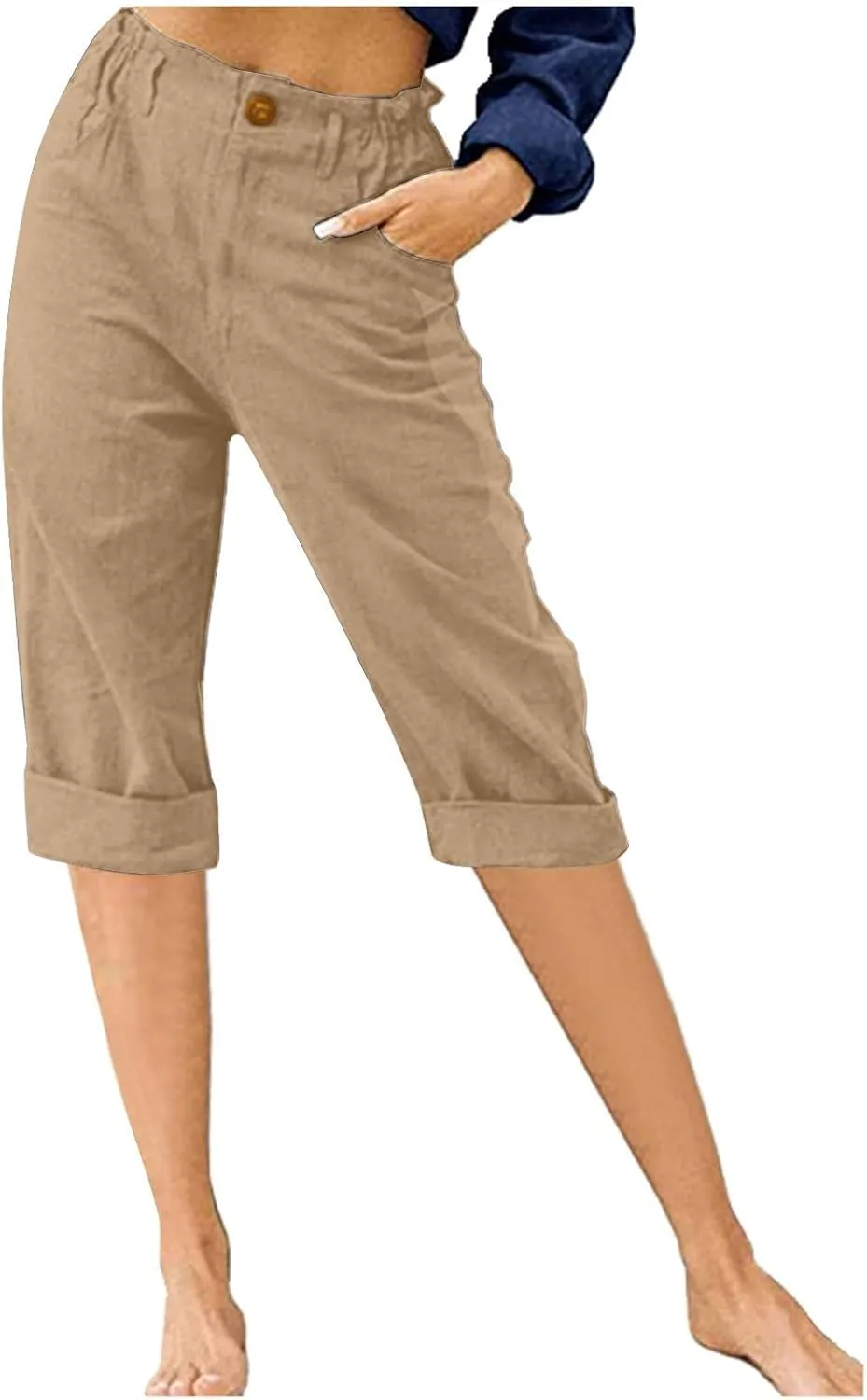 Cotton Linen Cropped Pants for Women Loose Casual Capris Breathable Lightweight Dress Pant Summer Straight Leg Trousers