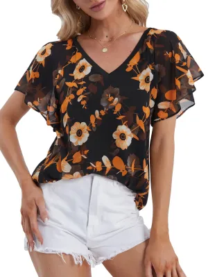 DJT Flare Ruffle Short Sleeve Black Floral Womens Summer Chiffon Tops Casual V Neck Flowy Top Blouses Shirts