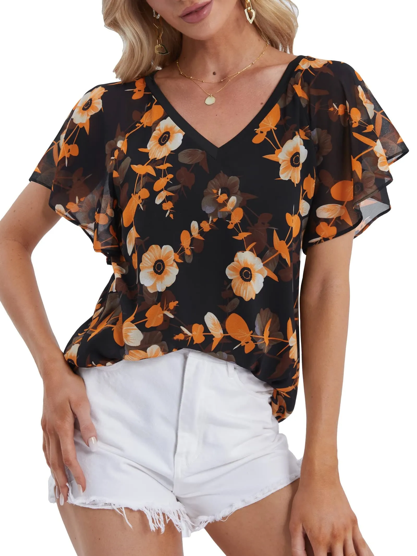 DJT Flare Ruffle Short Sleeve Black Floral Womens Summer Chiffon Tops Casual V Neck Flowy Top Blouses Shirts