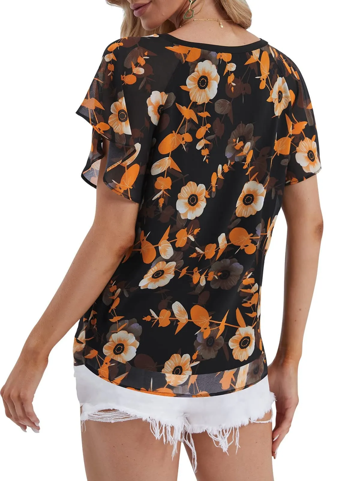 DJT Flare Ruffle Short Sleeve Black Floral Womens Summer Chiffon Tops Casual V Neck Flowy Top Blouses Shirts