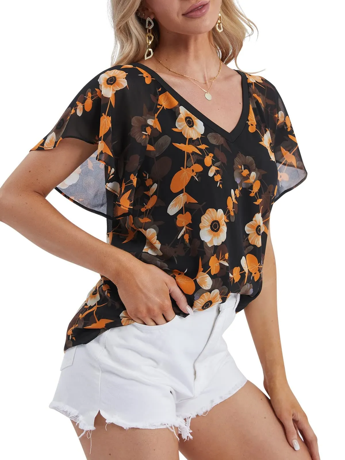 DJT Flare Ruffle Short Sleeve Black Floral Womens Summer Chiffon Tops Casual V Neck Flowy Top Blouses Shirts