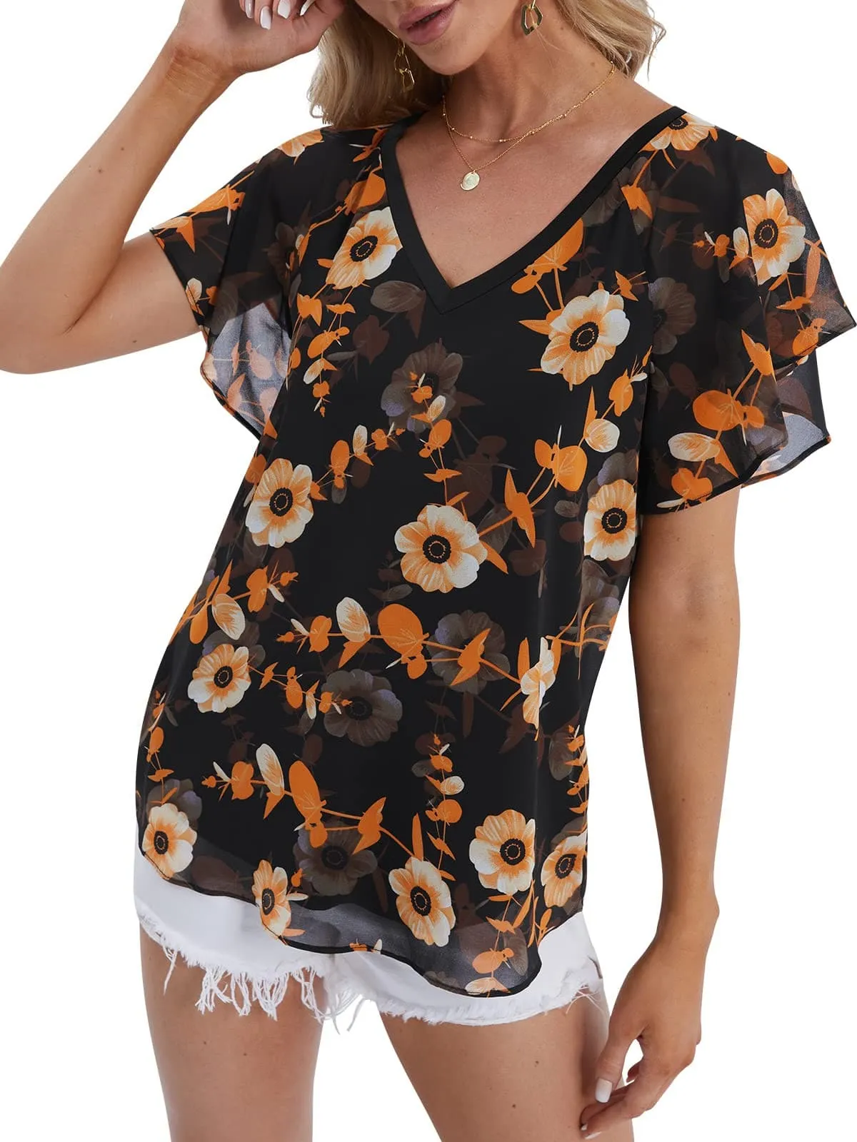 DJT Flare Ruffle Short Sleeve Black Floral Womens Summer Chiffon Tops Casual V Neck Flowy Top Blouses Shirts