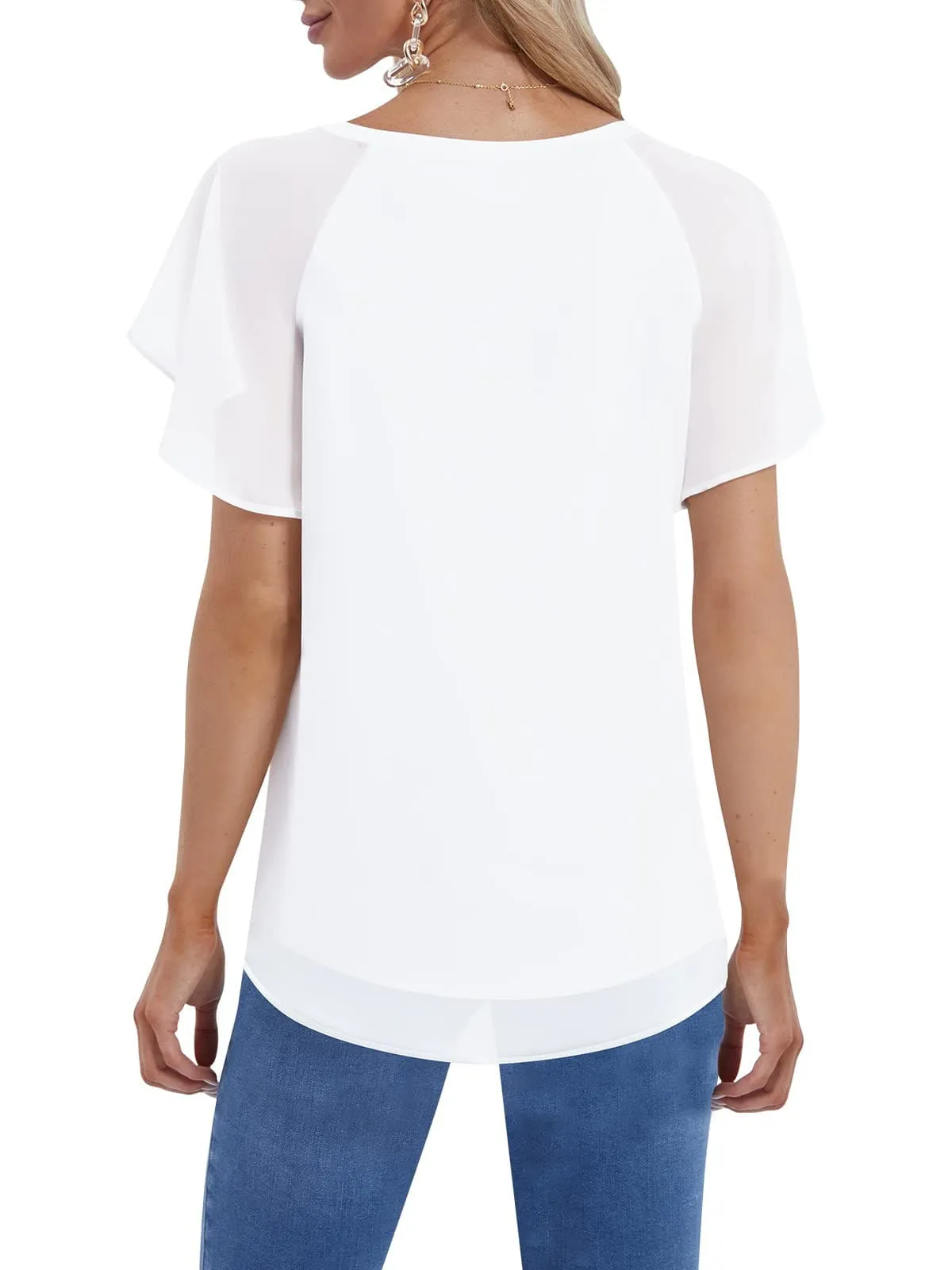 DJT Flare Ruffle White Womens Summer Chiffon Tops Casual V Neck Short Sleeve Flowy Top Blouses Shirts