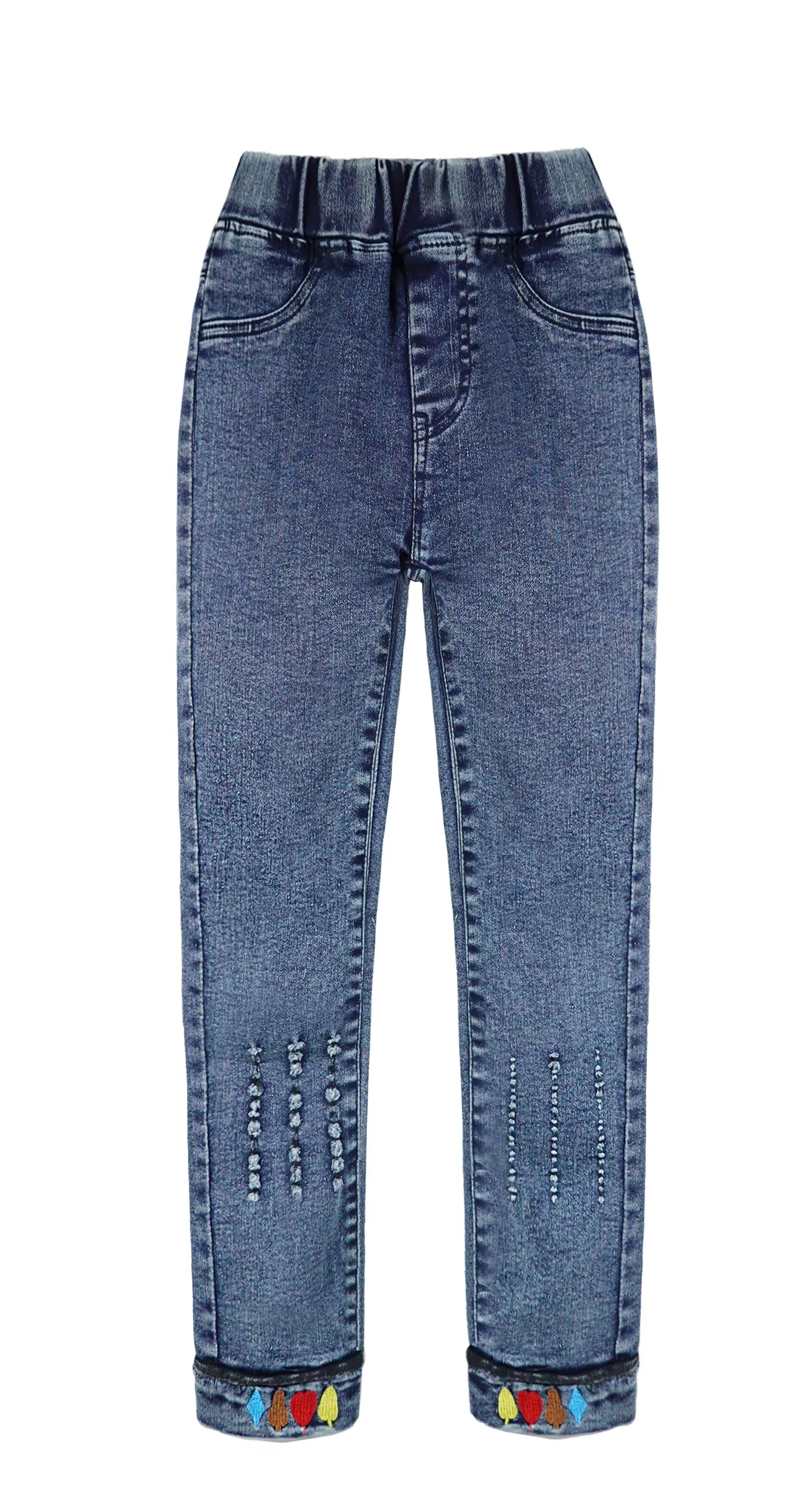 Elastic poker and embroidery tatted denim trousers