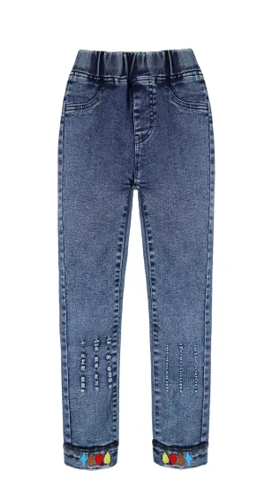 Elastic poker and embroidery tatted denim trousers