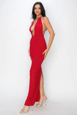 Elegant Halter Necklace Trim Long Maxi Dress