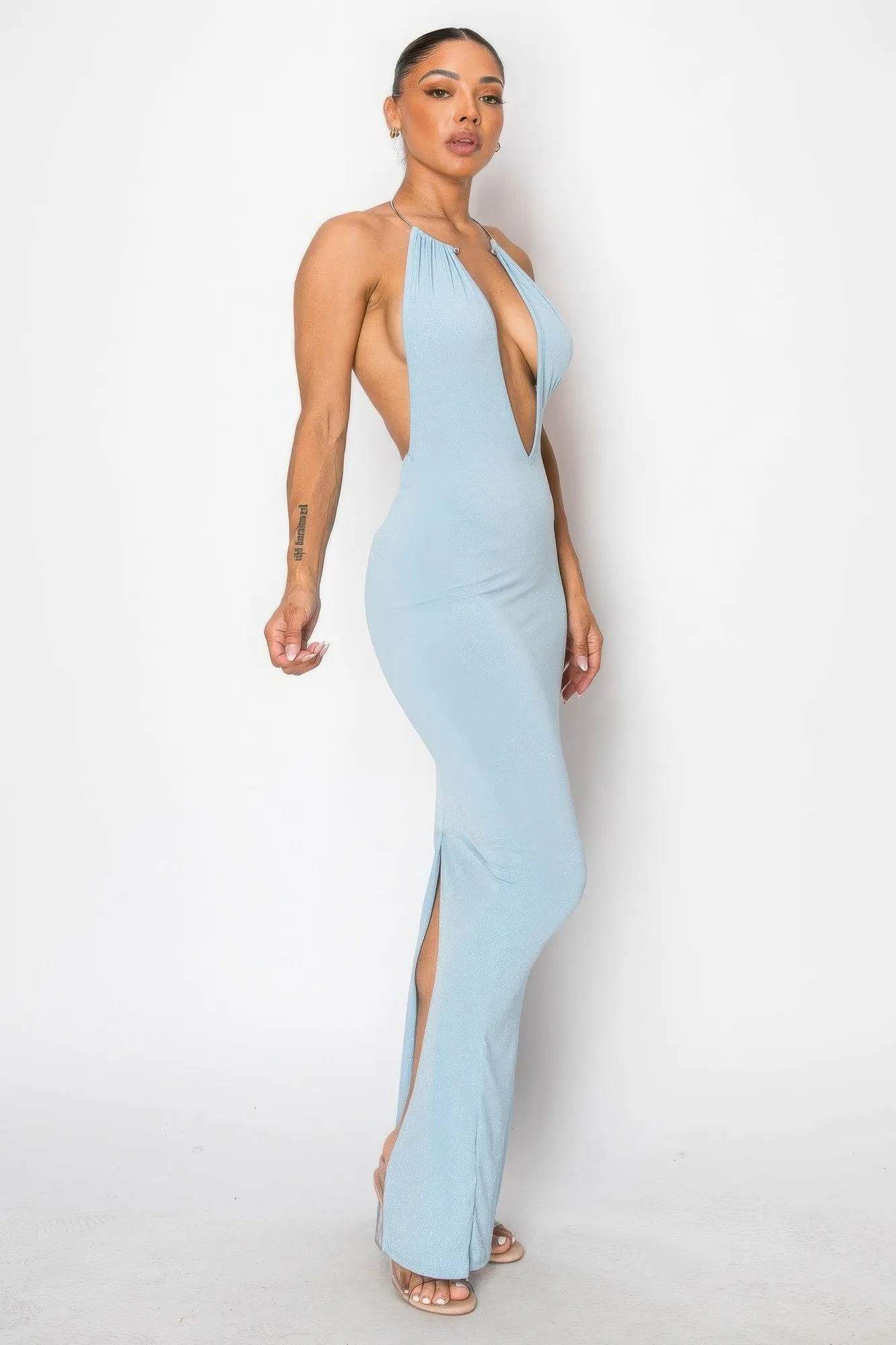 Elegant Halter Necklace Trim Long Maxi Dress