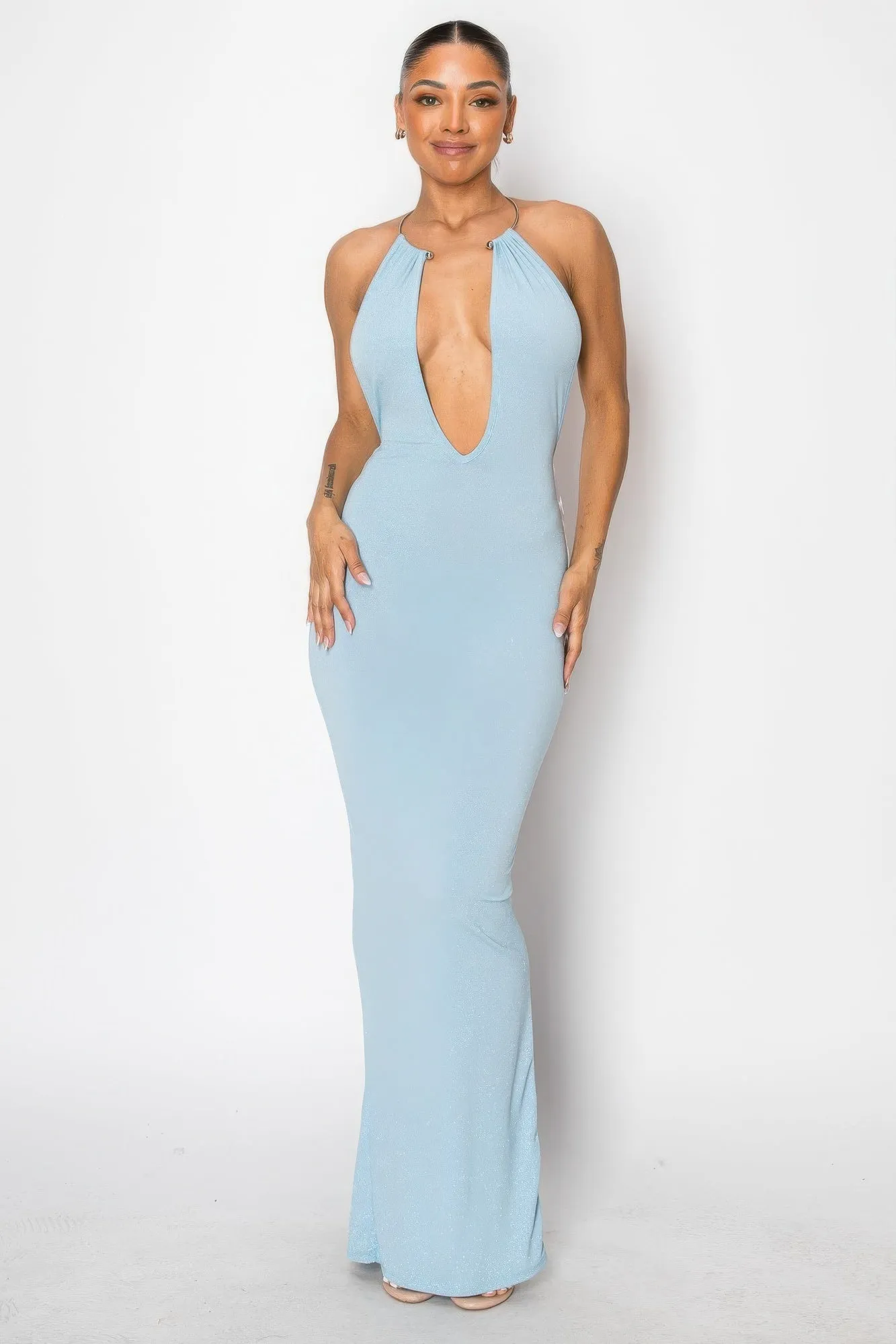 Elegant Halter Necklace Trim Long Maxi Dress