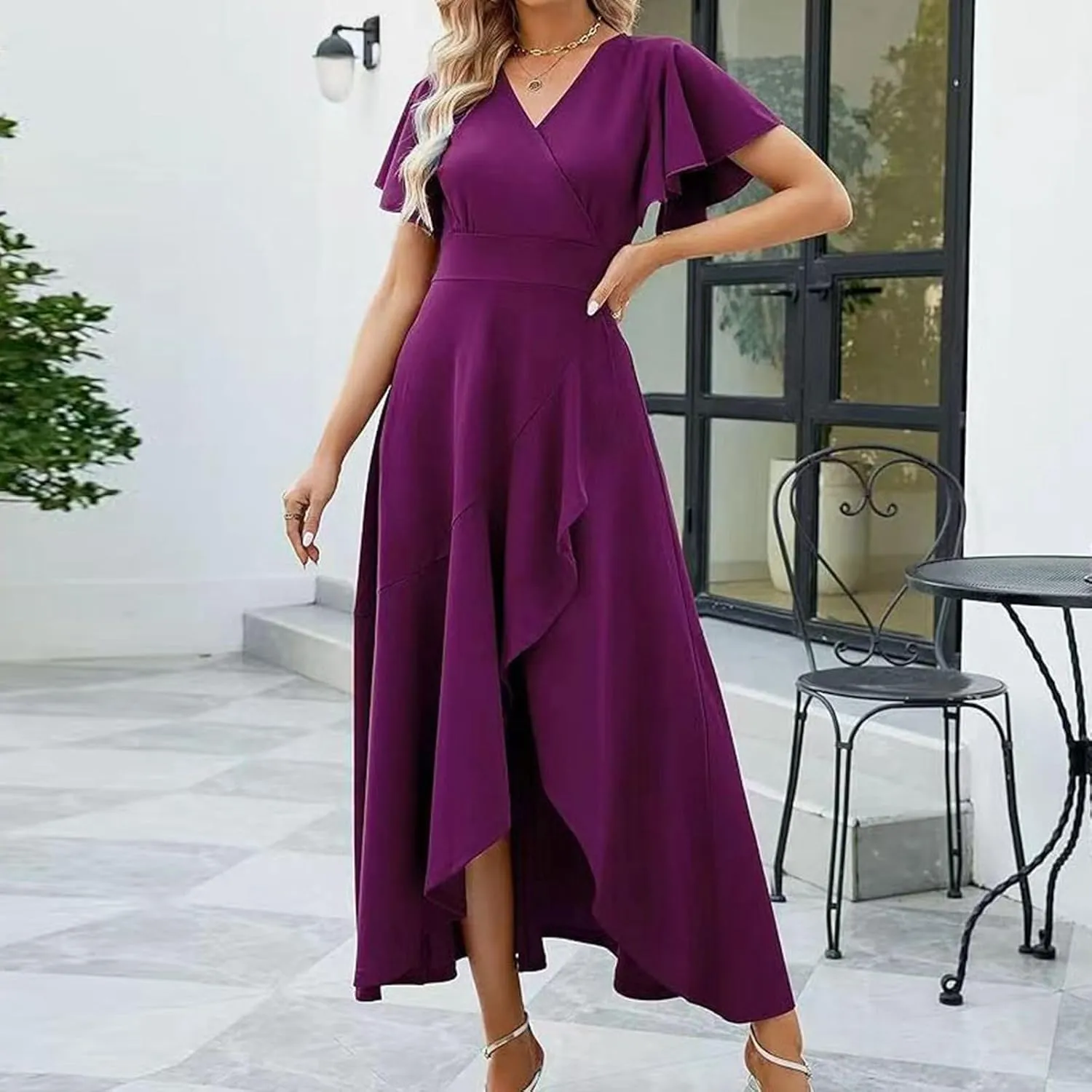 Elegant V Neck Pleated Cocktail Dress for Women Stylish Evening Gown for Wedding Guests and Formal Events Women