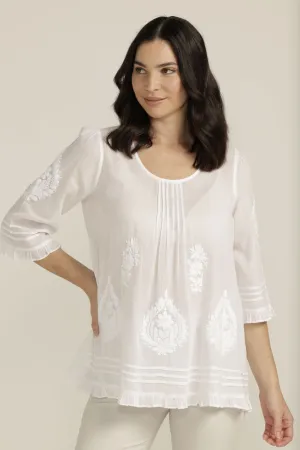 Embroidered Cotton Trapeze Top White