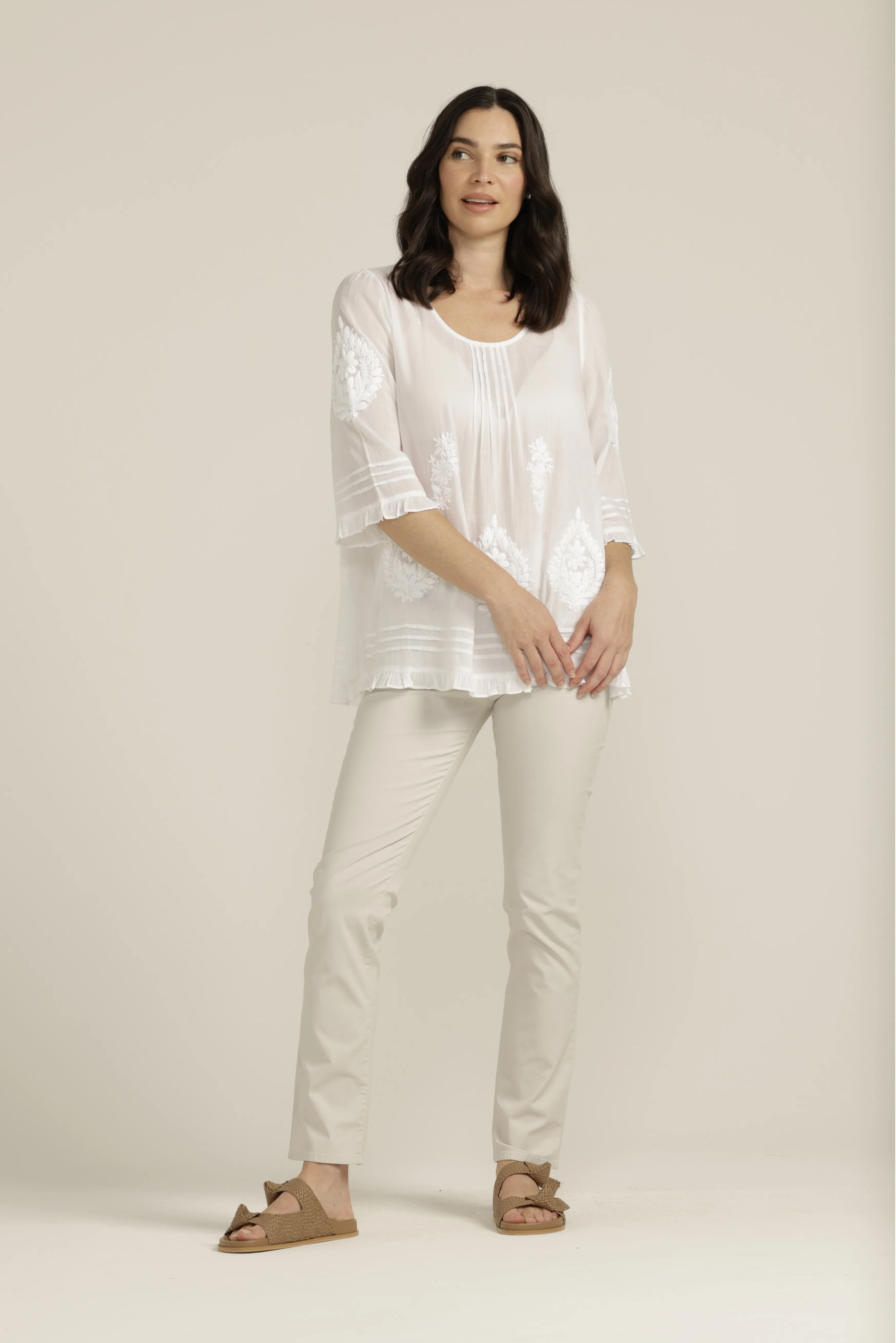 Embroidered Cotton Trapeze Top White