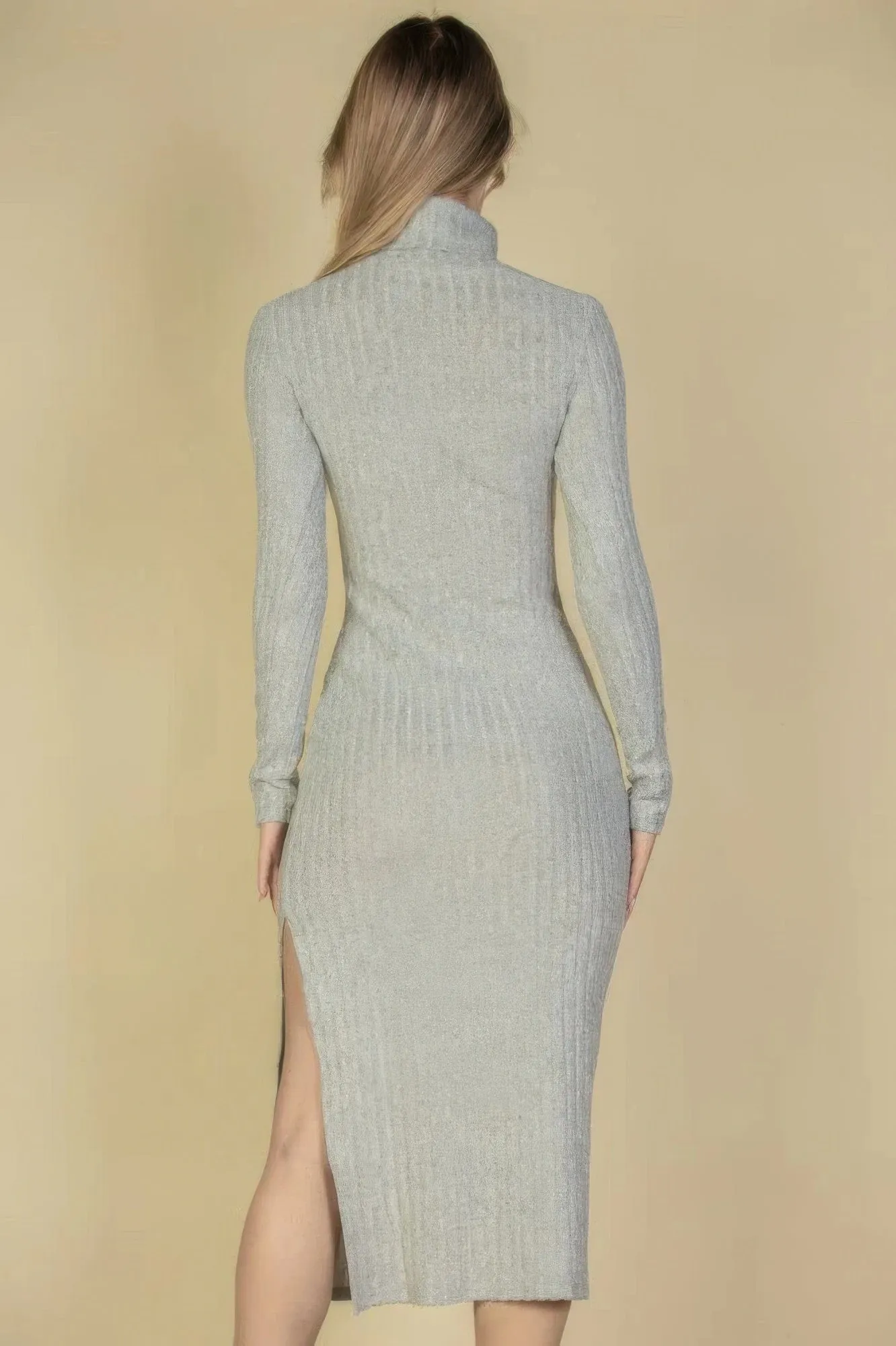 Fuzzy Turtle Neck Split Thigh Knit Sweater Dress