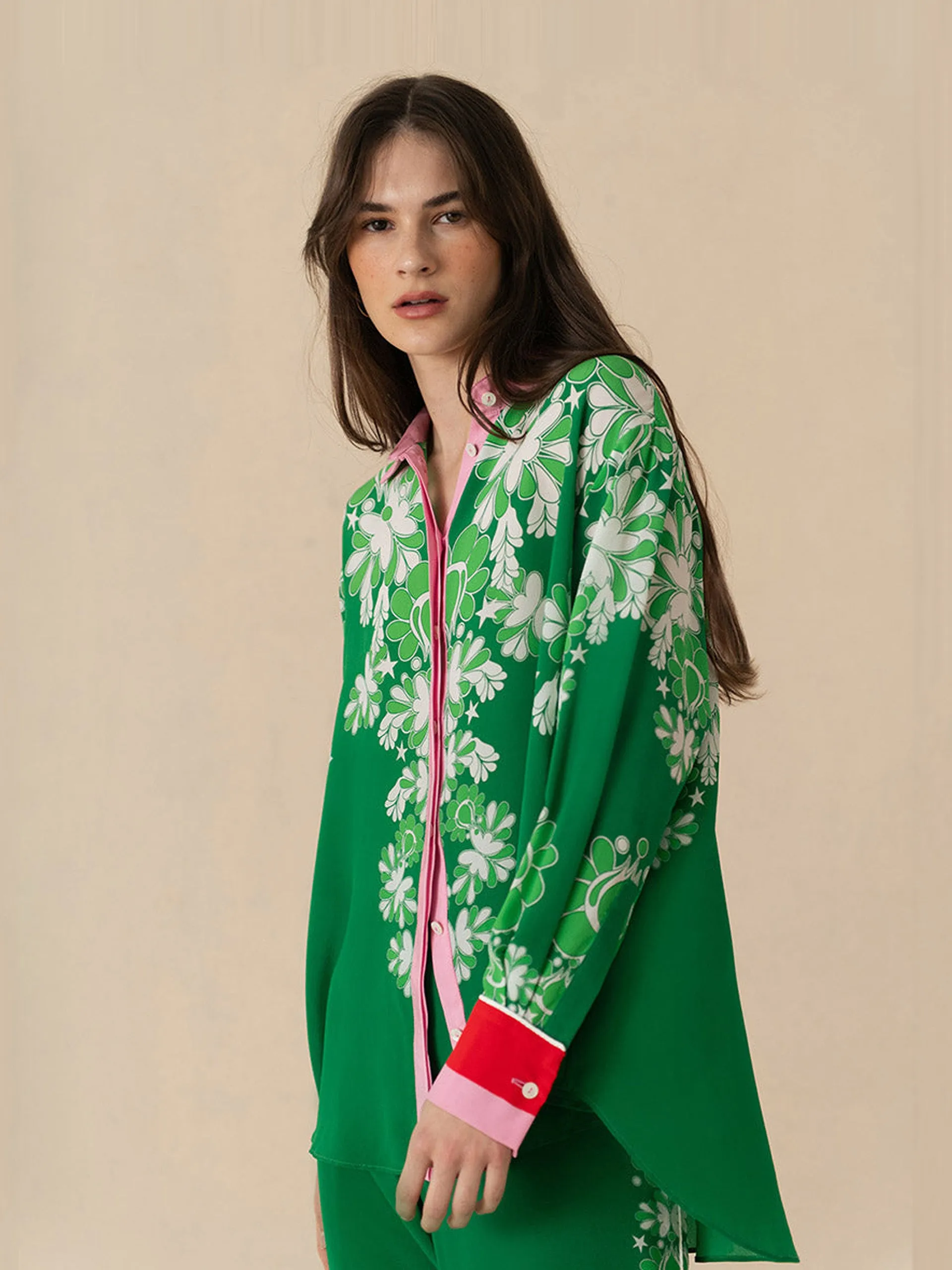 Geo flower green Nova crepe shirt