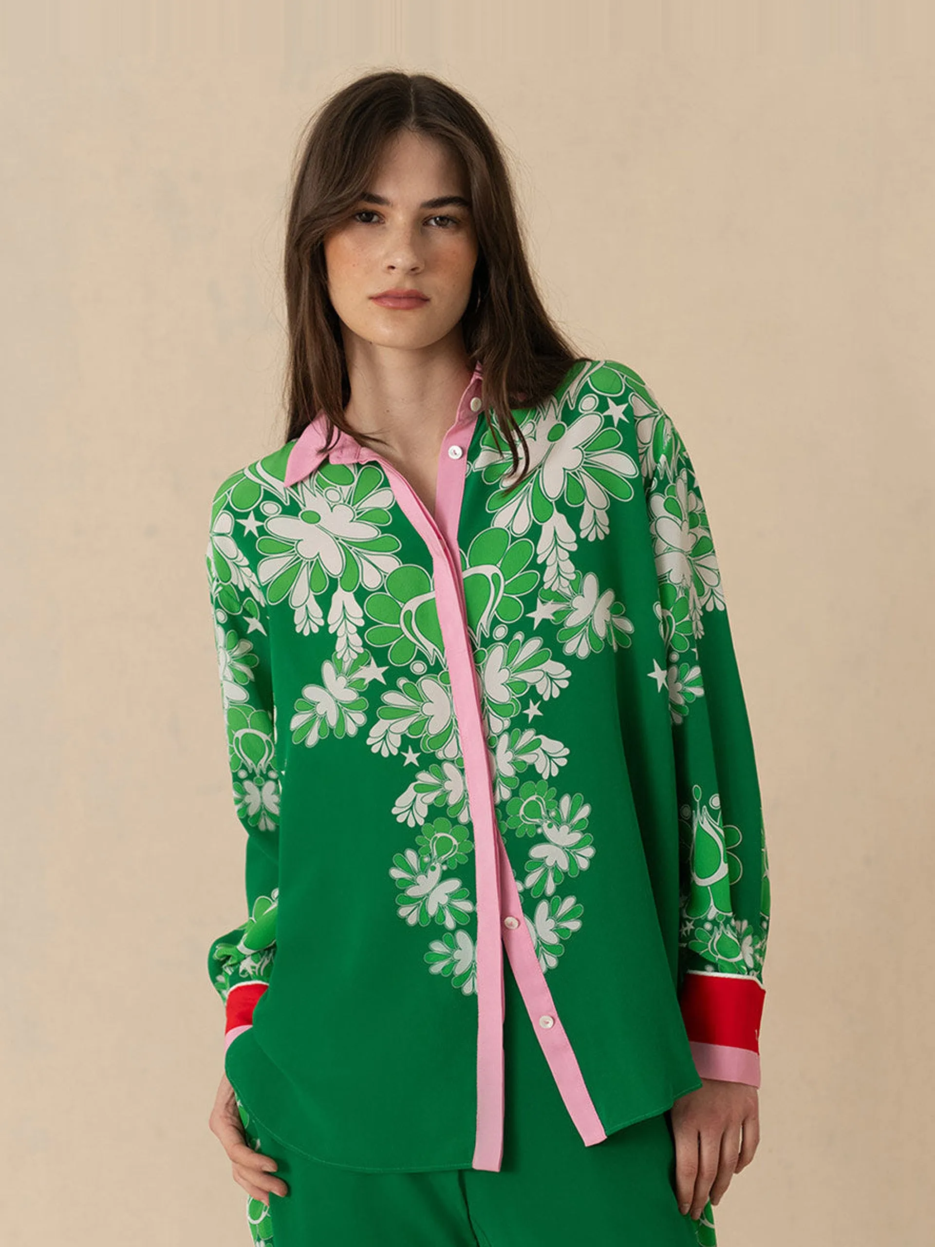 Geo flower green Nova crepe shirt