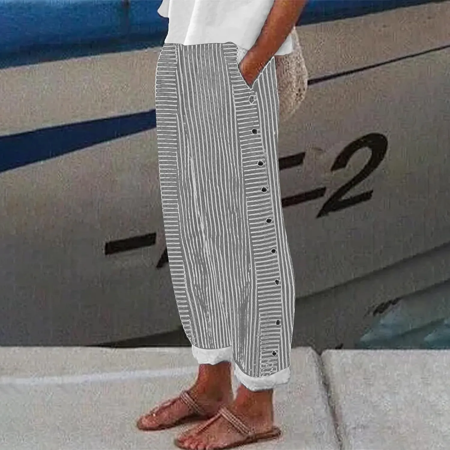 GIERIDUC Linen Pants for Women 2025 Plus Size Trendy Side Button Summer Gauze Pants Casual Elastic Waist Comfy Trousers