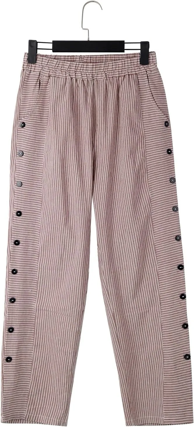 GIERIDUC Linen Pants for Women 2025 Plus Size Trendy Side Button Summer Gauze Pants Casual Elastic Waist Comfy Trousers
