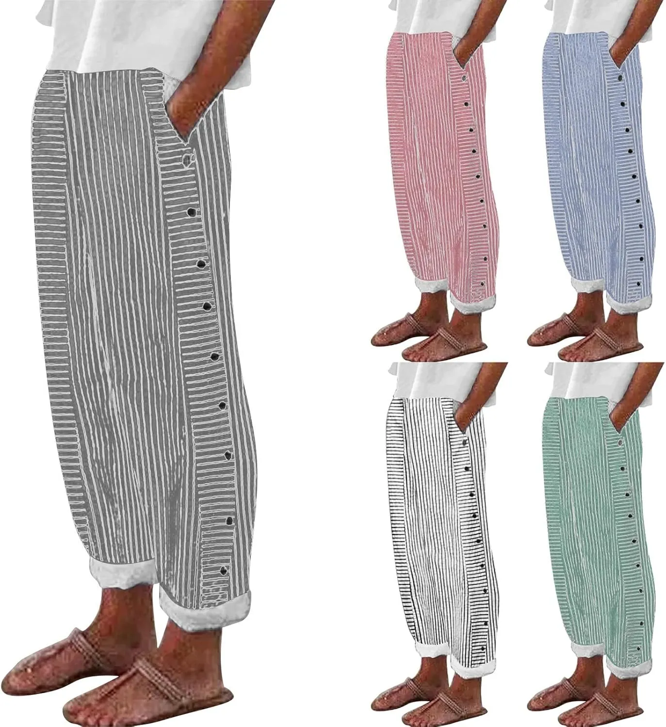 GIERIDUC Linen Pants for Women 2025 Plus Size Trendy Side Button Summer Gauze Pants Casual Elastic Waist Comfy Trousers