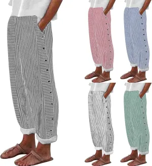 GIERIDUC Linen Pants for Women 2025 Plus Size Trendy Side Button Summer Gauze Pants Casual Elastic Waist Comfy Trousers