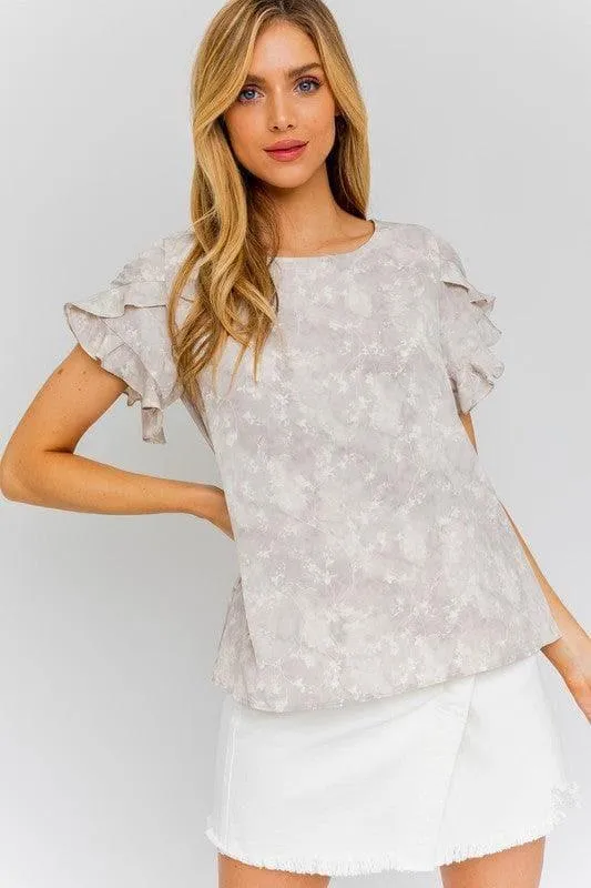 GILLI Overlap Ruffle Sleeve Ditsy Print Top