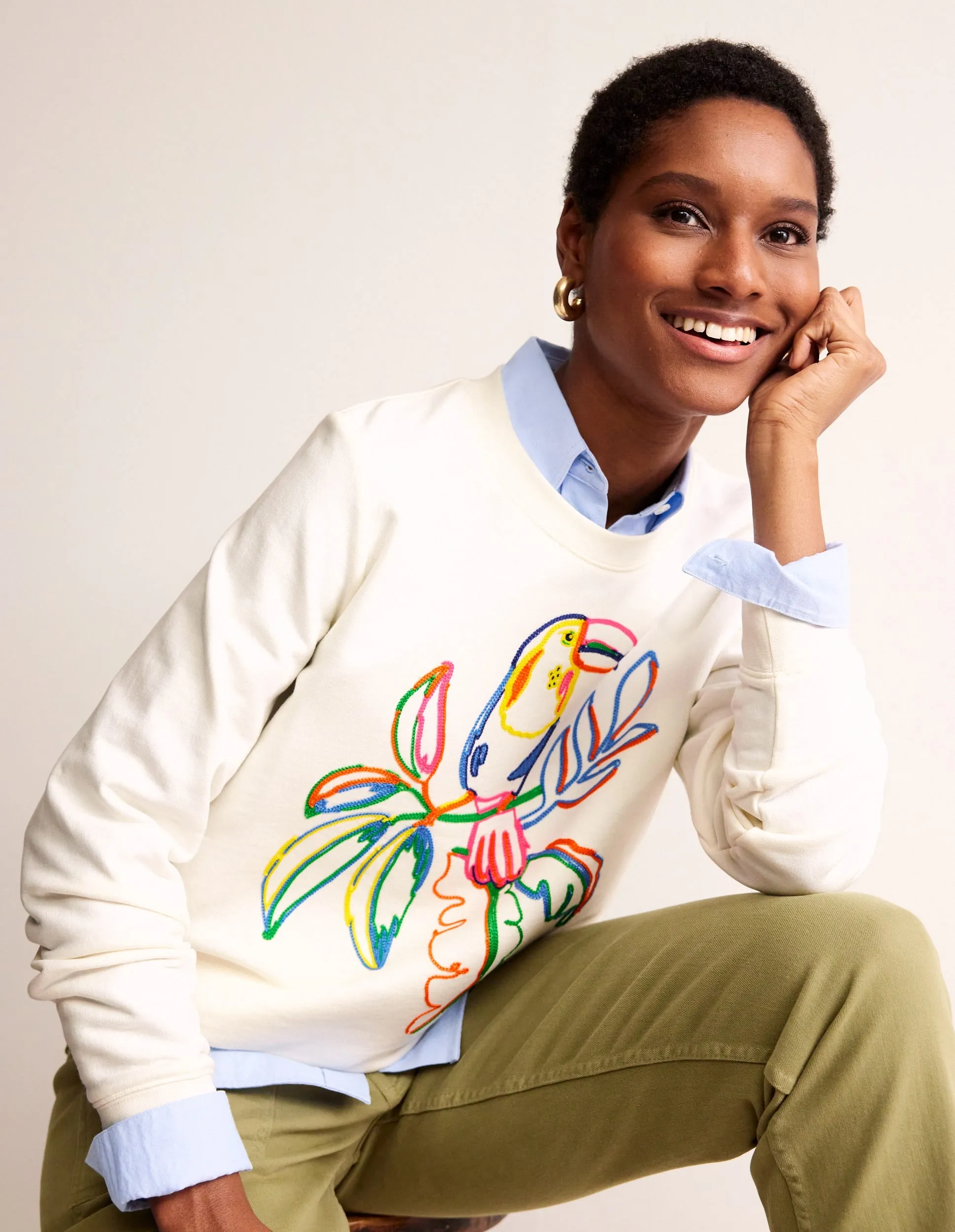 Hannah Embroidered Sweatshirt-Ivory, Embroidered Toucan