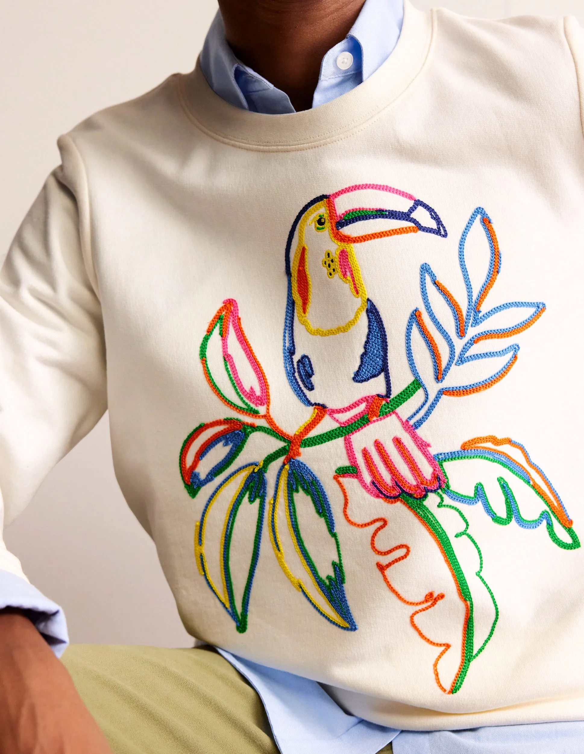 Hannah Embroidered Sweatshirt-Ivory, Embroidered Toucan