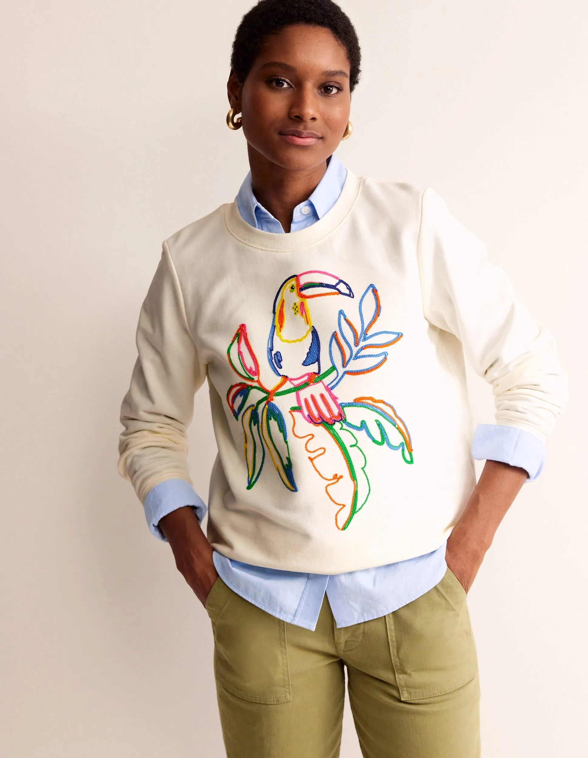 Hannah Embroidered Sweatshirt-Ivory, Embroidered Toucan