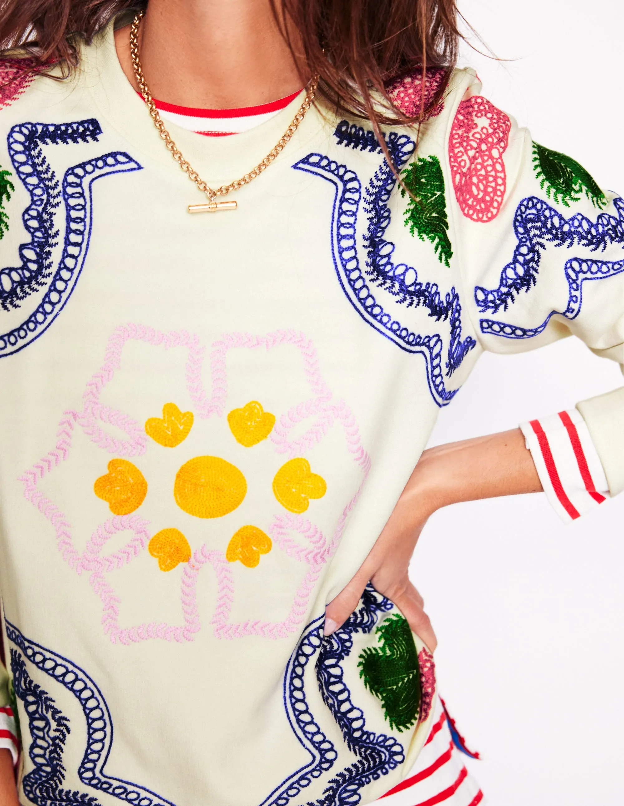 Hannah Embroidered Sweatshirt-Ivory, Geo Stitch