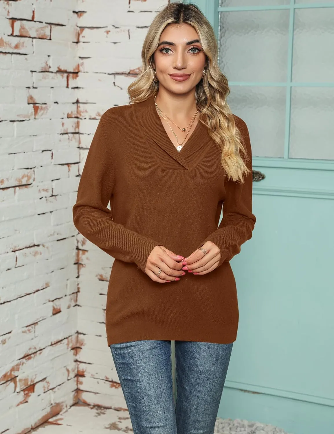 Ivicoer Women Long Sleeve V Neck Pullover Collar Knitted Sweaters