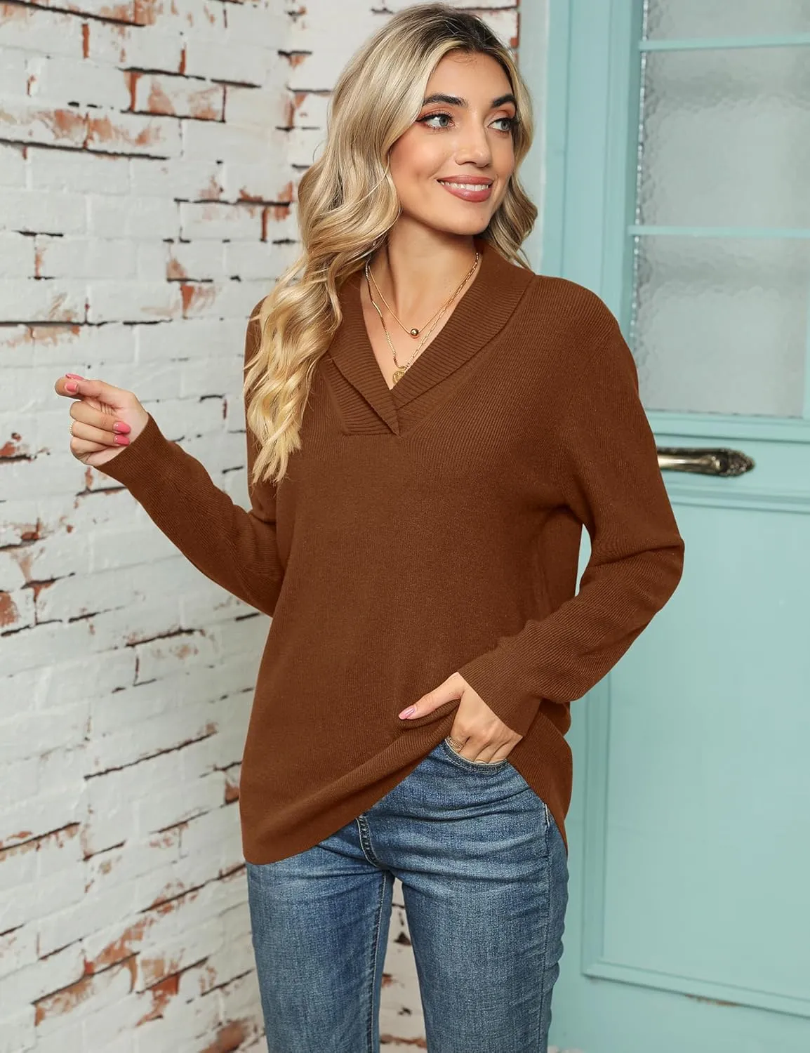 Ivicoer Women Long Sleeve V Neck Pullover Collar Knitted Sweaters