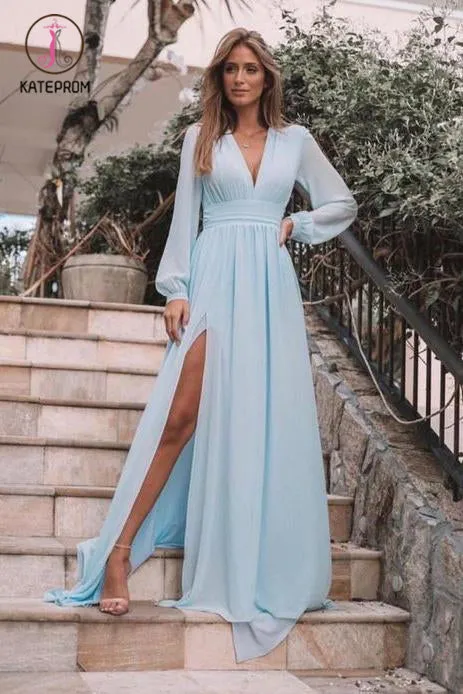 Kateprom Light Blue Long Sleeves V Neck Chiffon Prom Dress, Elegant Split Long Formal Dresses KPP1227