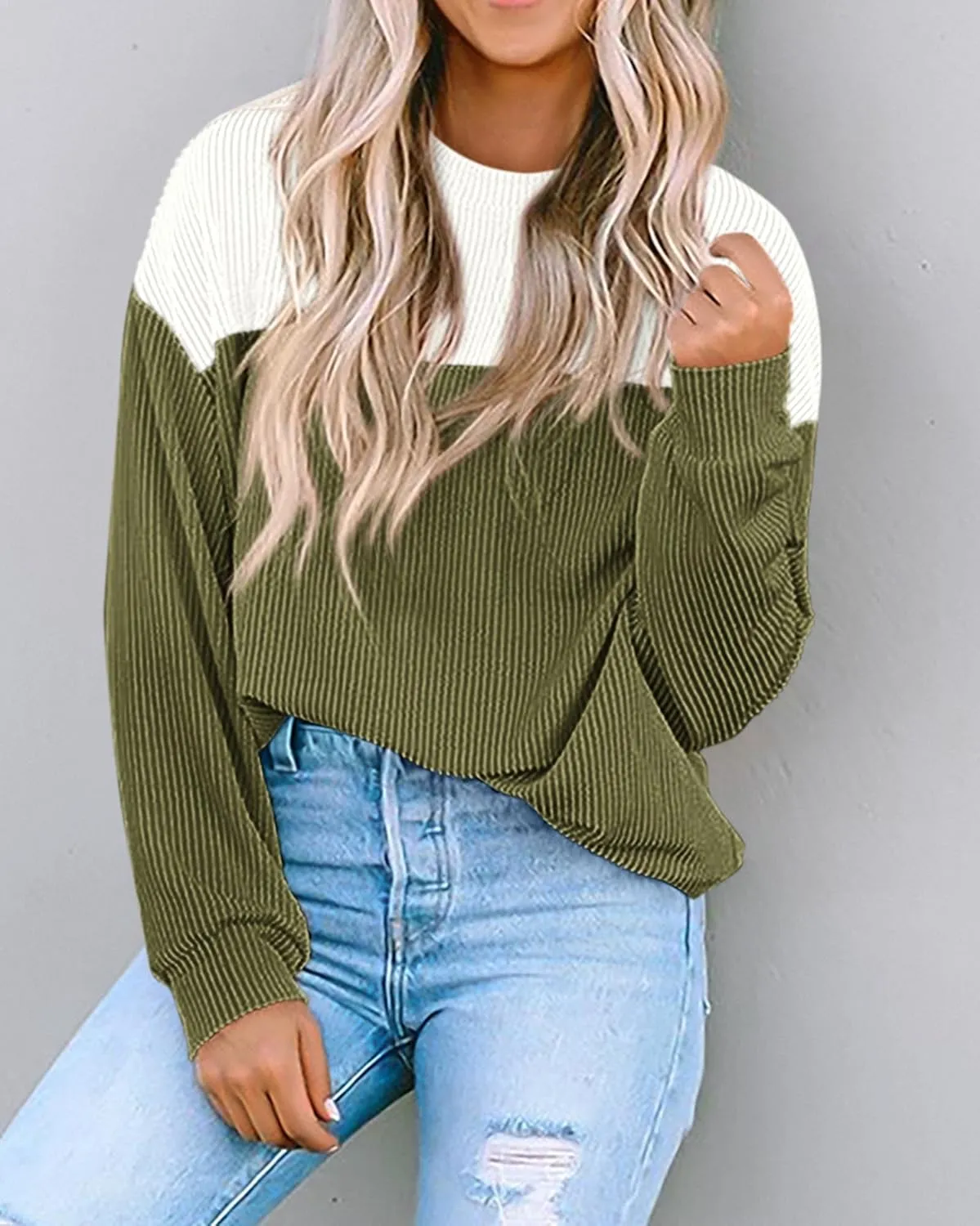 KIRUNDO Womens Spring Fashion 2025 Ribbed Long Sleeve Knit Tops Color Block Casual Loose Crewneck Pullover Shirts Clothing