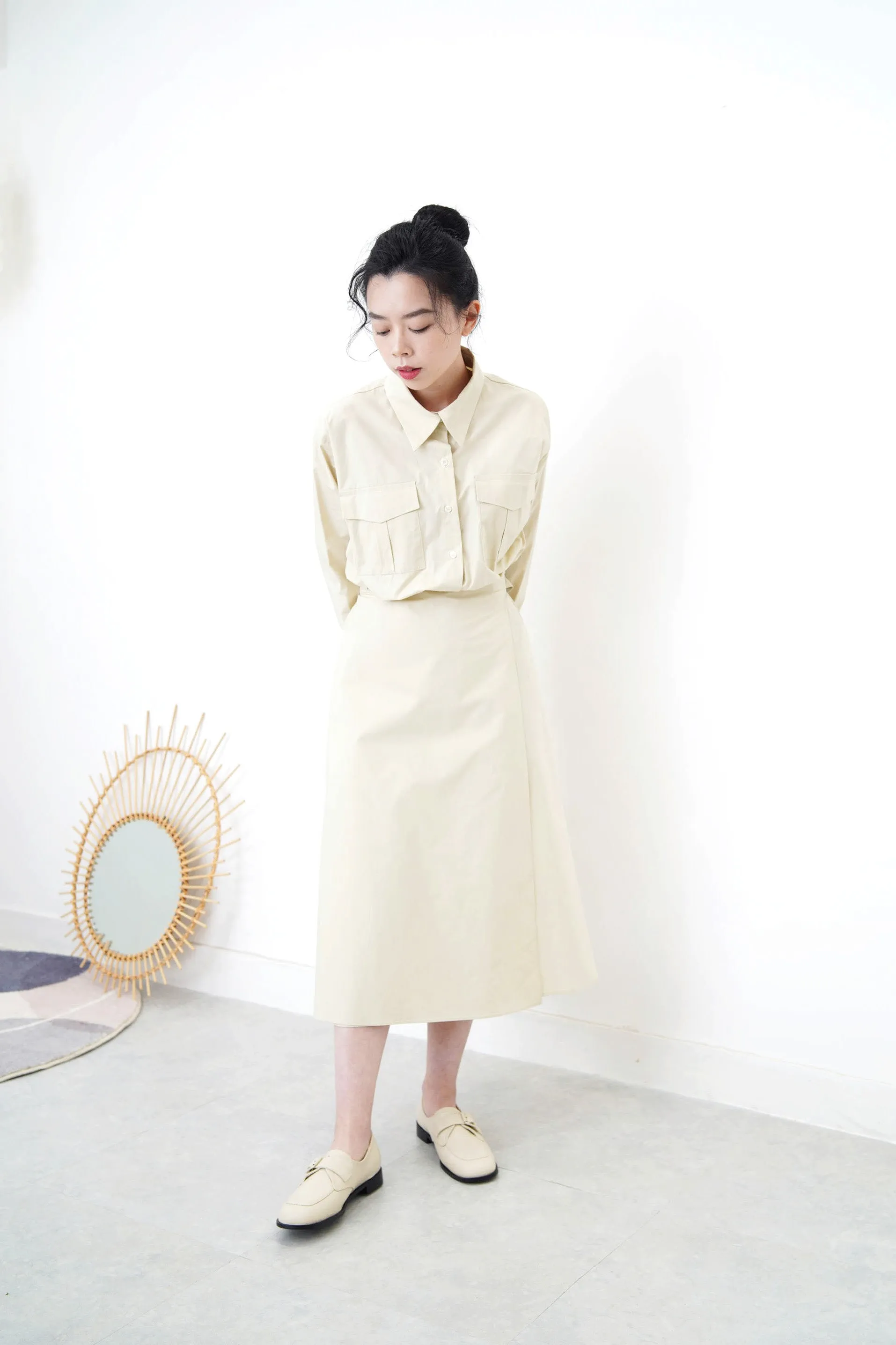 Light beige pockets one piece w/ wrap layering