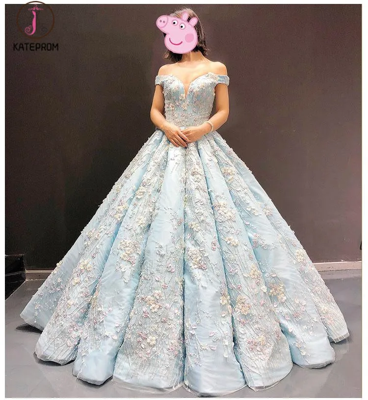 Light Blue Off the Shoulder Ball Gown Quinceanera Dress, Senior Lace Prom Dresses KPP0790