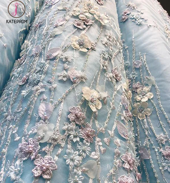 Light Blue Off the Shoulder Ball Gown Quinceanera Dress, Senior Lace Prom Dresses KPP0790