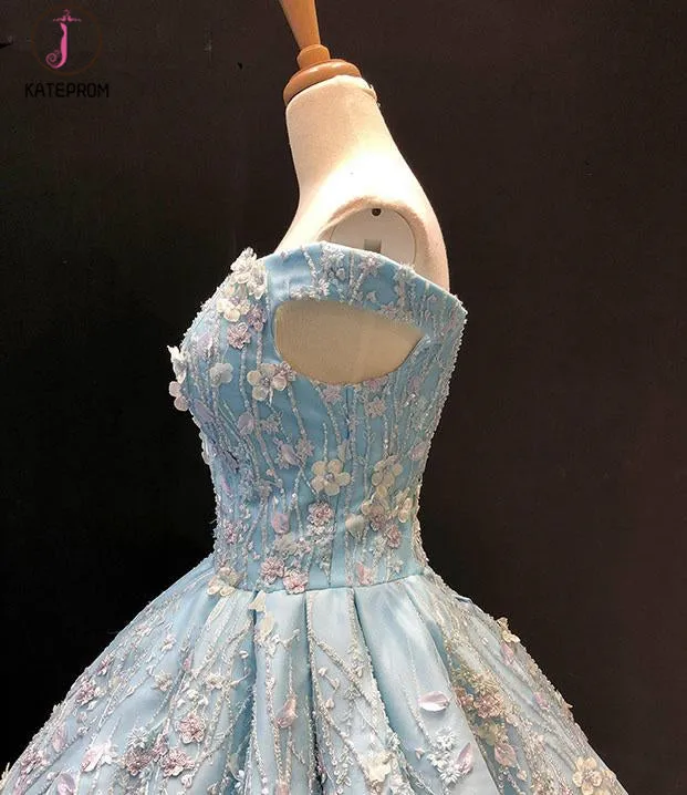 Light Blue Off the Shoulder Ball Gown Quinceanera Dress, Senior Lace Prom Dresses KPP0790