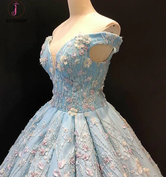 Light Blue Off the Shoulder Ball Gown Quinceanera Dress, Senior Lace Prom Dresses KPP0790